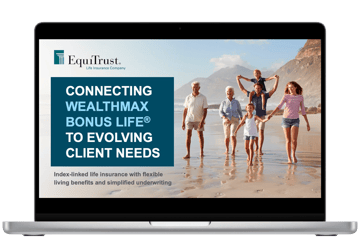 Laptop showing webinar title slide reading "Connecting WealthMax Bonus Life to evolving client needs"