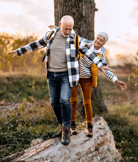 Mature couple walking on log image